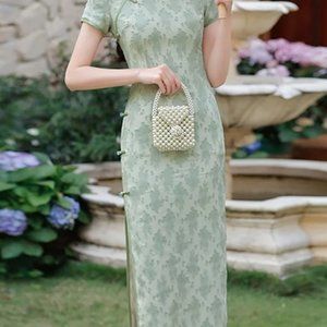 Chinese Vintage Solid Cheongsam, Bodycon Short Sleeve Dress With Pendant, Women'